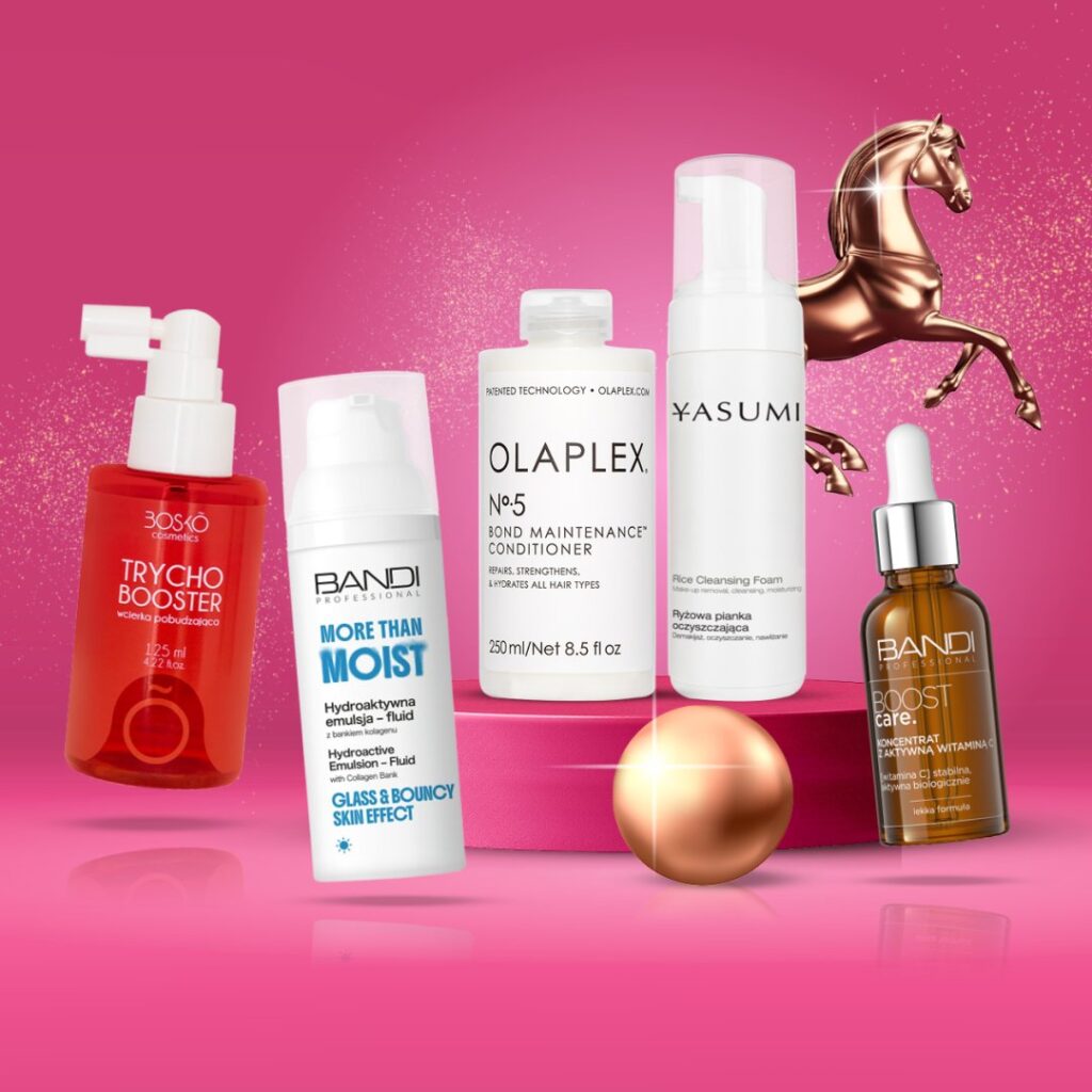 Różne produkty do pielęgnacji włosów i skóry na różowym tle.