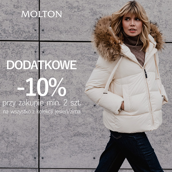 Kobieta w kremowej kurtce zimowej z futrzanym kapturem, promocja -10%.
