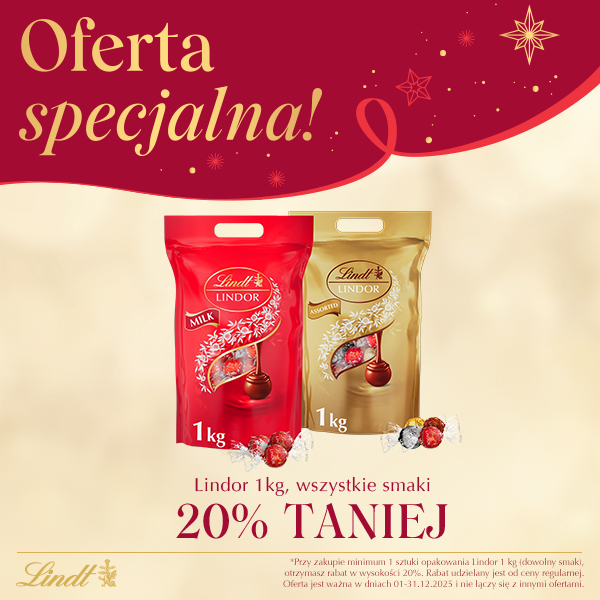 Promocja Lindt Lindor, dwa opakowania czekoladek, 20% taniej.