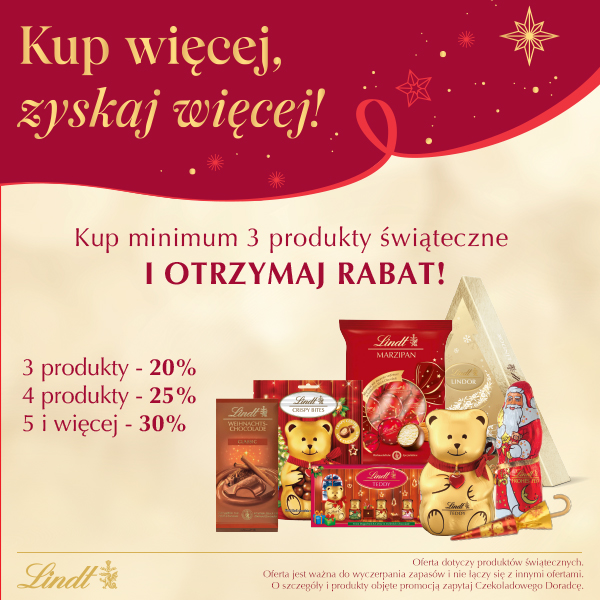 Promocja świąteczna Lindt z rabatami na produkty.