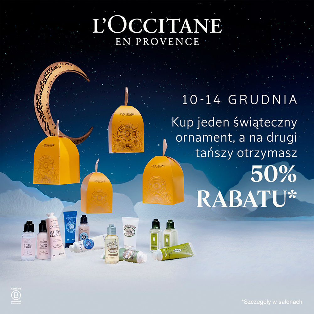 Promocja świąteczna L'Occitane z rabatem 50% na drugi produkt.