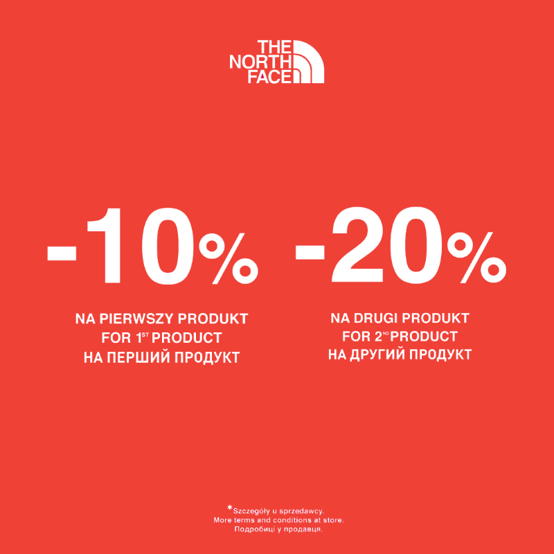 Promocja The North Face: -10% na pierwszy produkt, -20% na drugi produkt.