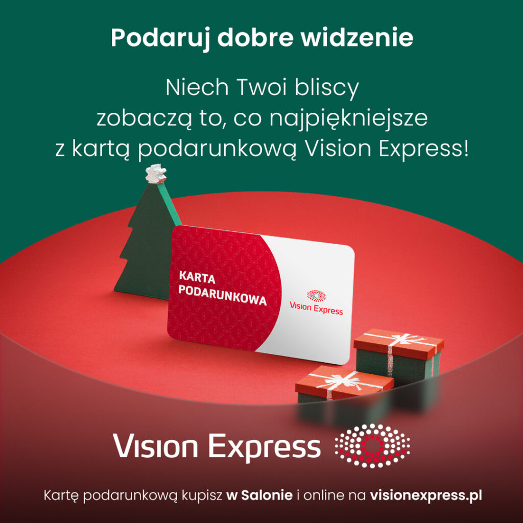 Karta podarunkowa Vision Express na tle prezentów.