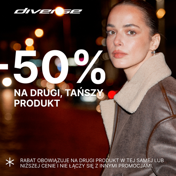 Kobieta w zimowej kurtce, promocja -50% na drugi produkt.