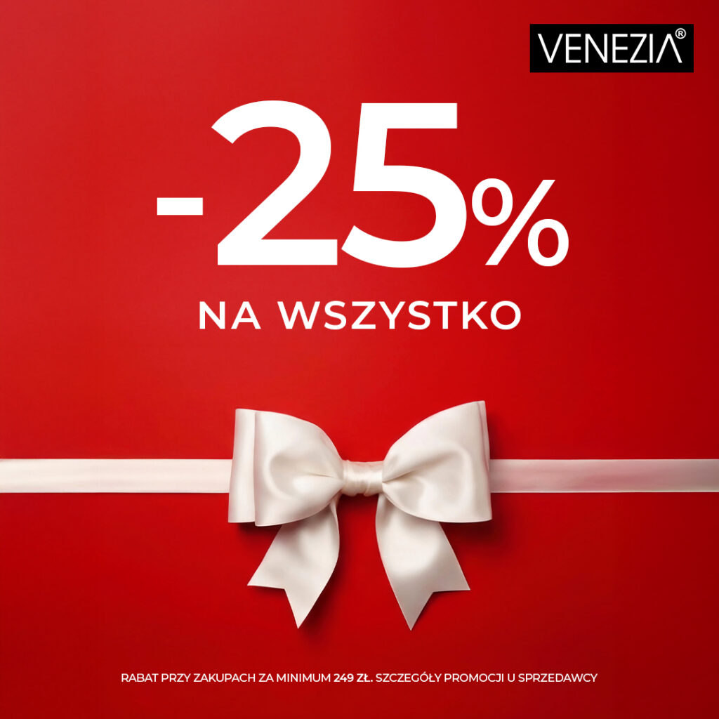 Czerwone tło z białą kokardą i napisem -25% na wszystko.