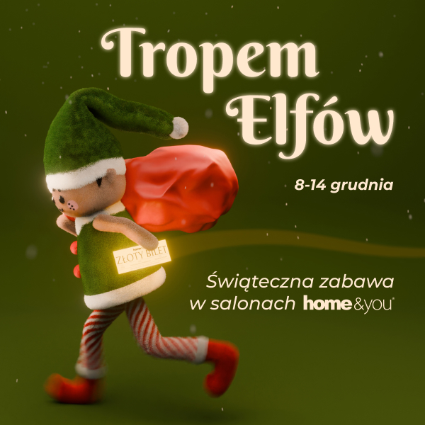 Elf w zielonej czapce z workiem prezentów biegnie, trzymając złoty bilet.