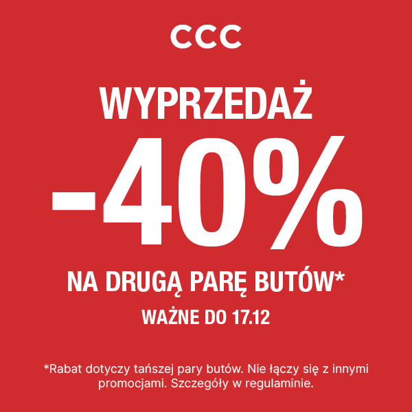 Promocja CCC: Wyprzedaż 40% na drugą parę butów.