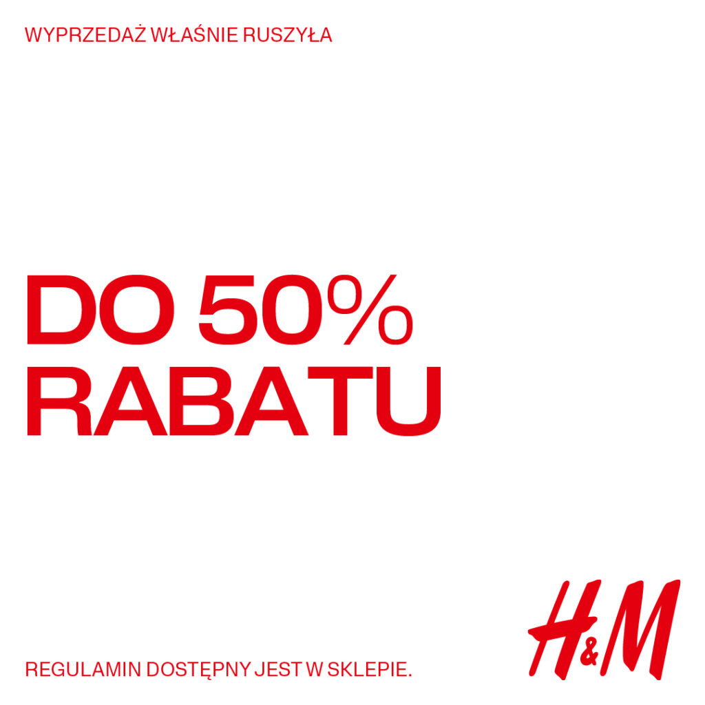 Plakat promocyjny H&M z napisem 'Do 50% rabatu'.