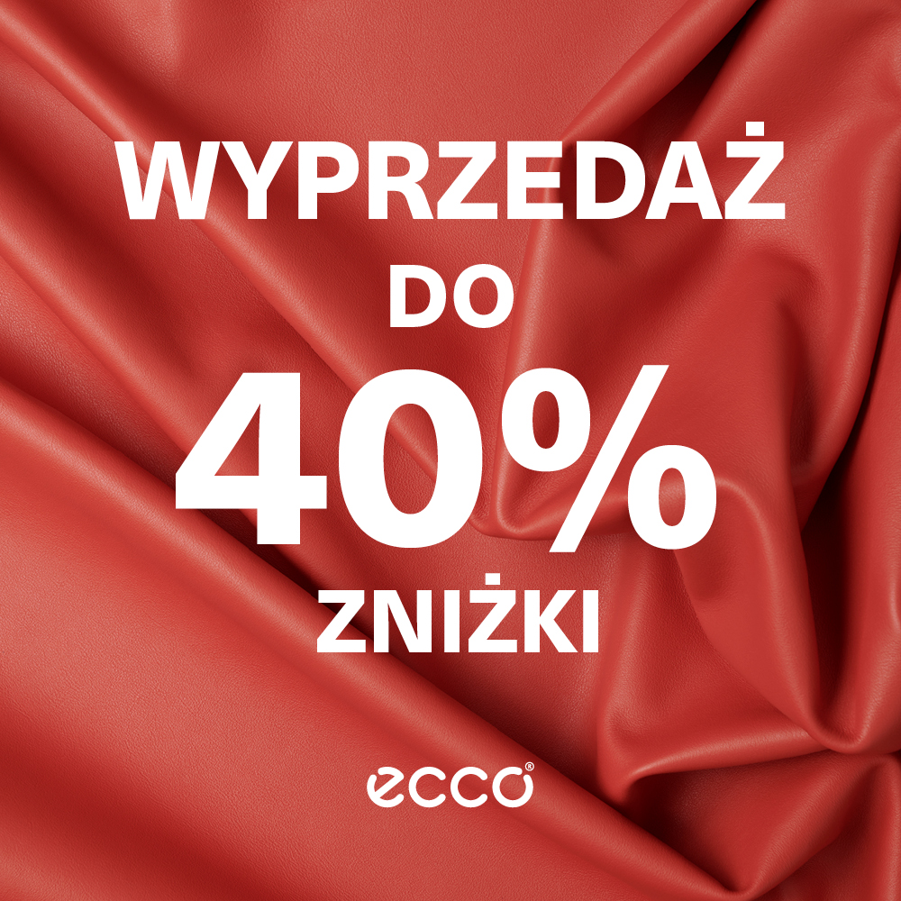 Czerwona tkanina z napisem Wyprzedaż do 40% zniżki Ecco.