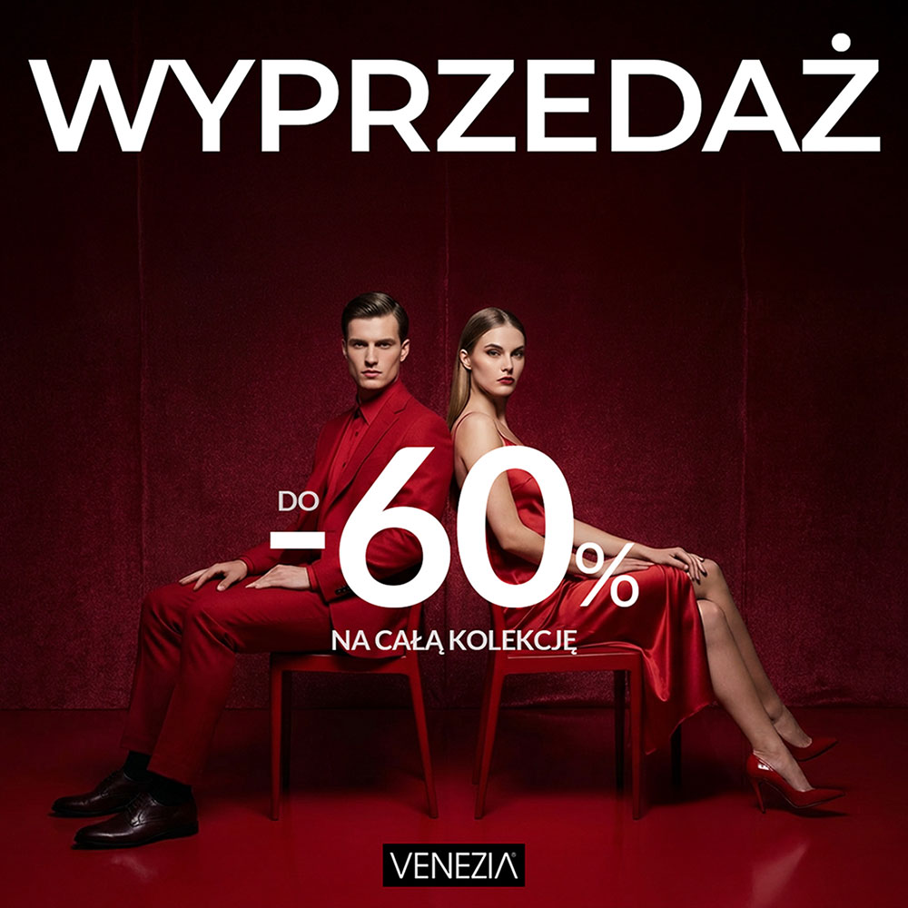 Reklama wyprzedaży mody Venezia z rabatem do 60%.