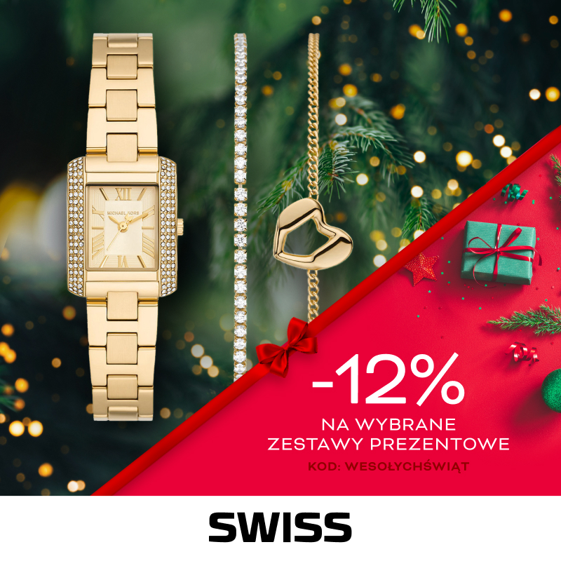 Złoty zegarek na tle świątecznych dekoracji z promocją -12%.