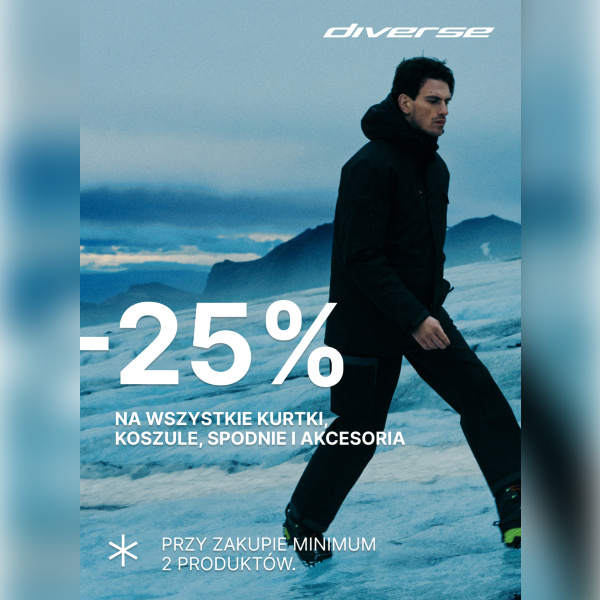 Mężczyzna w kurtce na tle gór, promocja -25% na odzież.