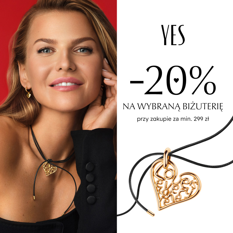 Kobieta z naszyjnikiem w kształcie złotego serca, promocja -20% na biżuterię.