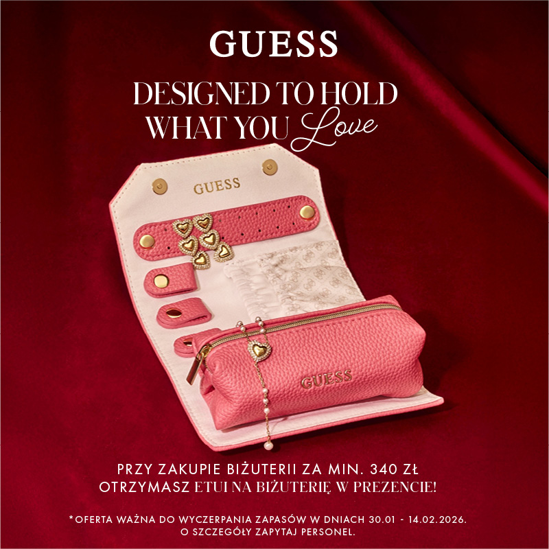 Różowe etui na biżuterię Guess z sercem i napisem.