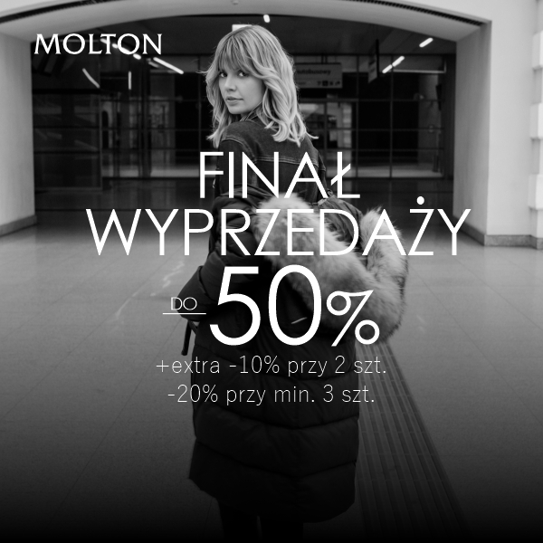Kobieta w płaszczu na tle napisu Finał Wyprzedaży do 50%.
