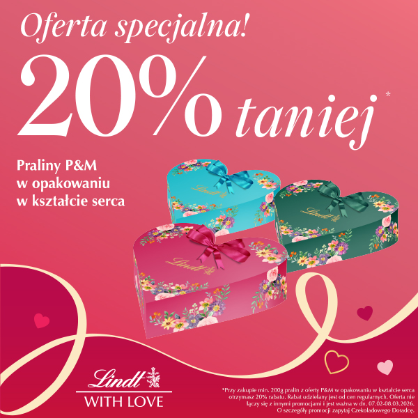 Promocja Lindt, praliny w kształcie serca, 20% taniej.