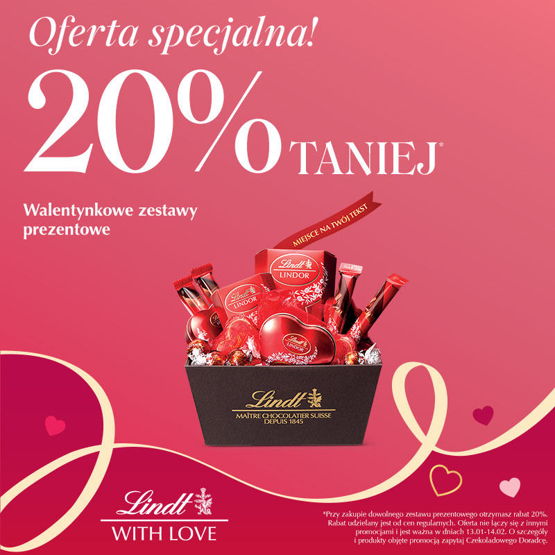 Promocja Lindt na Walentynki, 20% taniej na zestawy prezentowe.