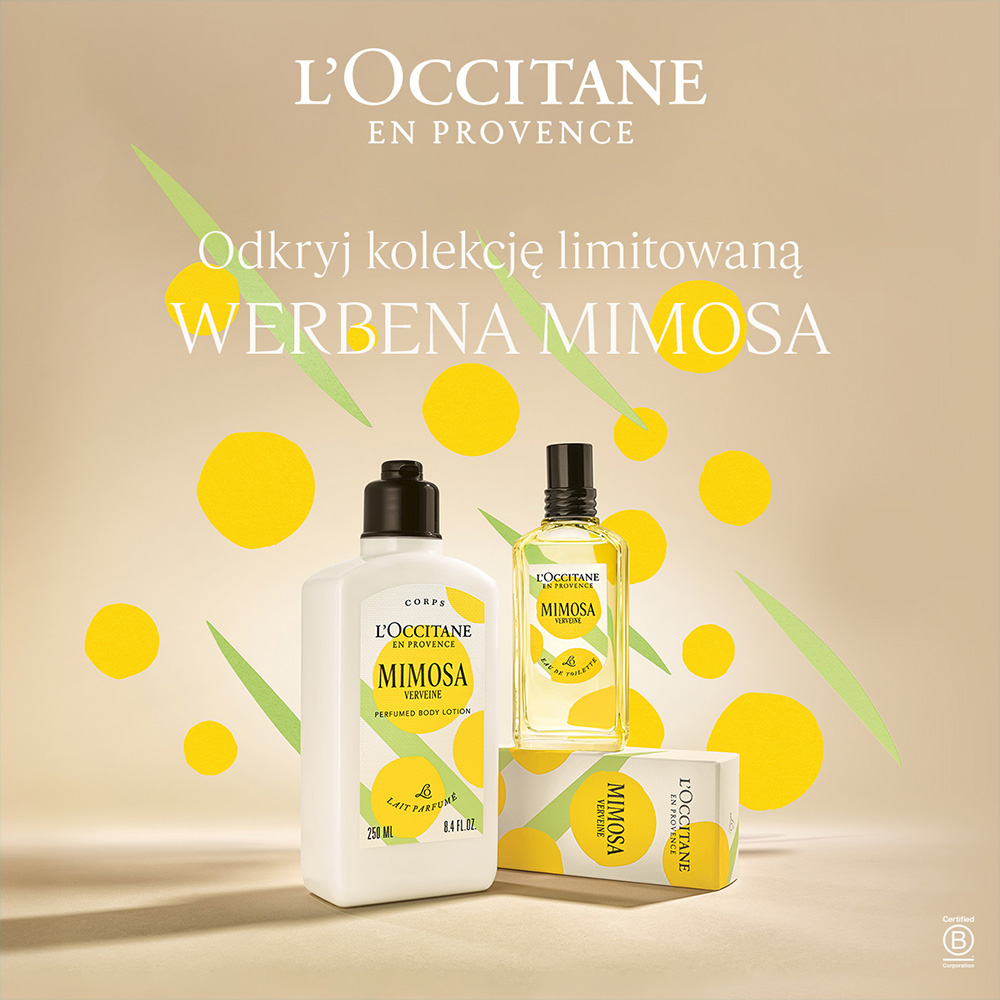 Produkty L'Occitane z kolekcji Werbena Mimosa na beżowym tle.
