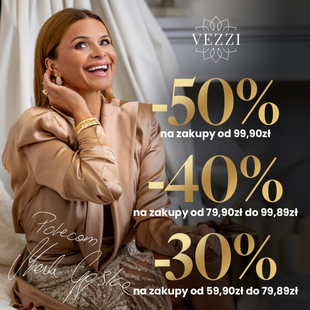 Kobieta w eleganckim stroju z uśmiechem, obok napisy o rabatach do 50%.