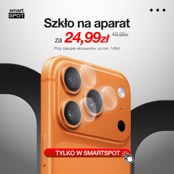 Pomarańczowy telefon z ochronnym szkłem na aparacie.