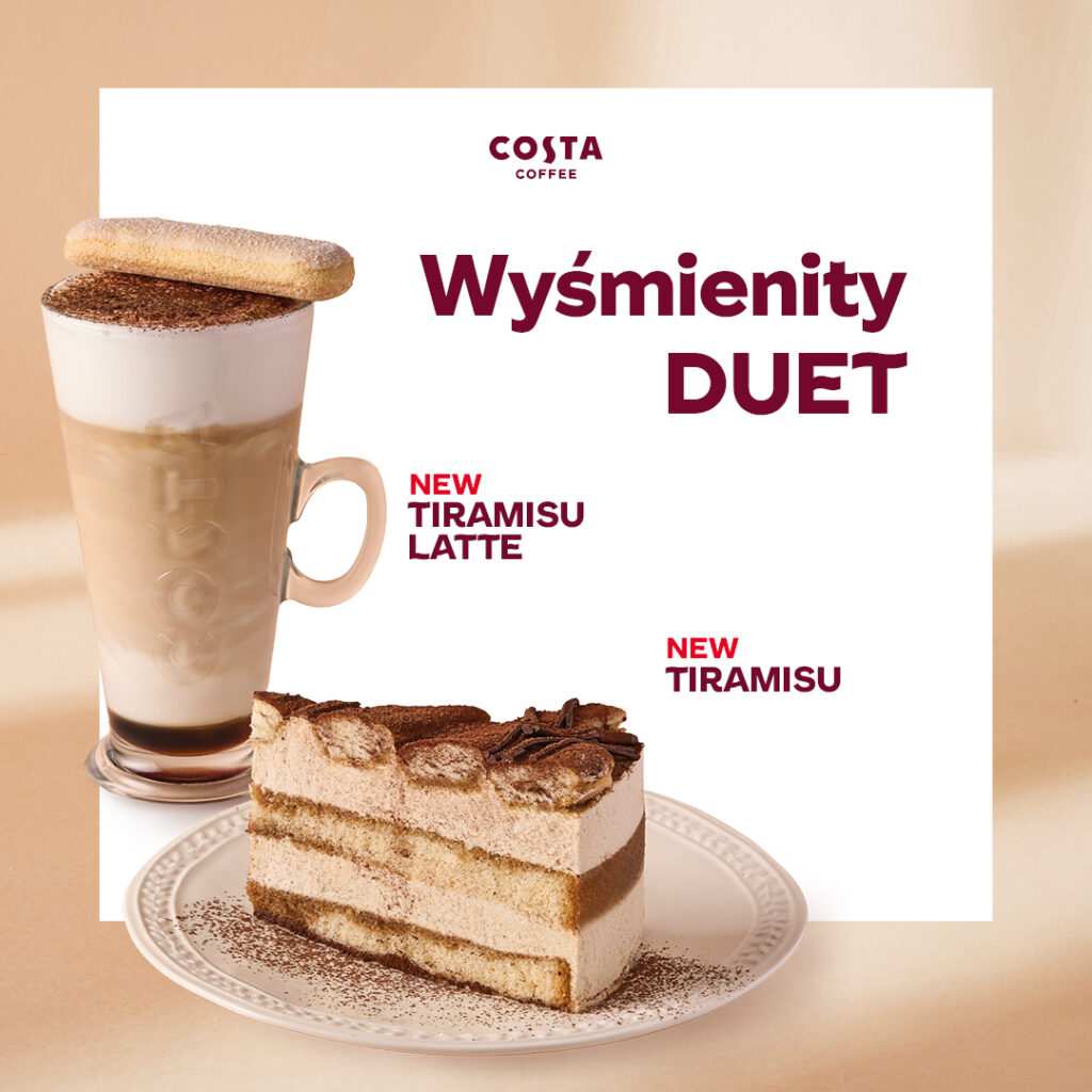 Tiramisu latte i kawałek ciasta tiramisu na talerzu.