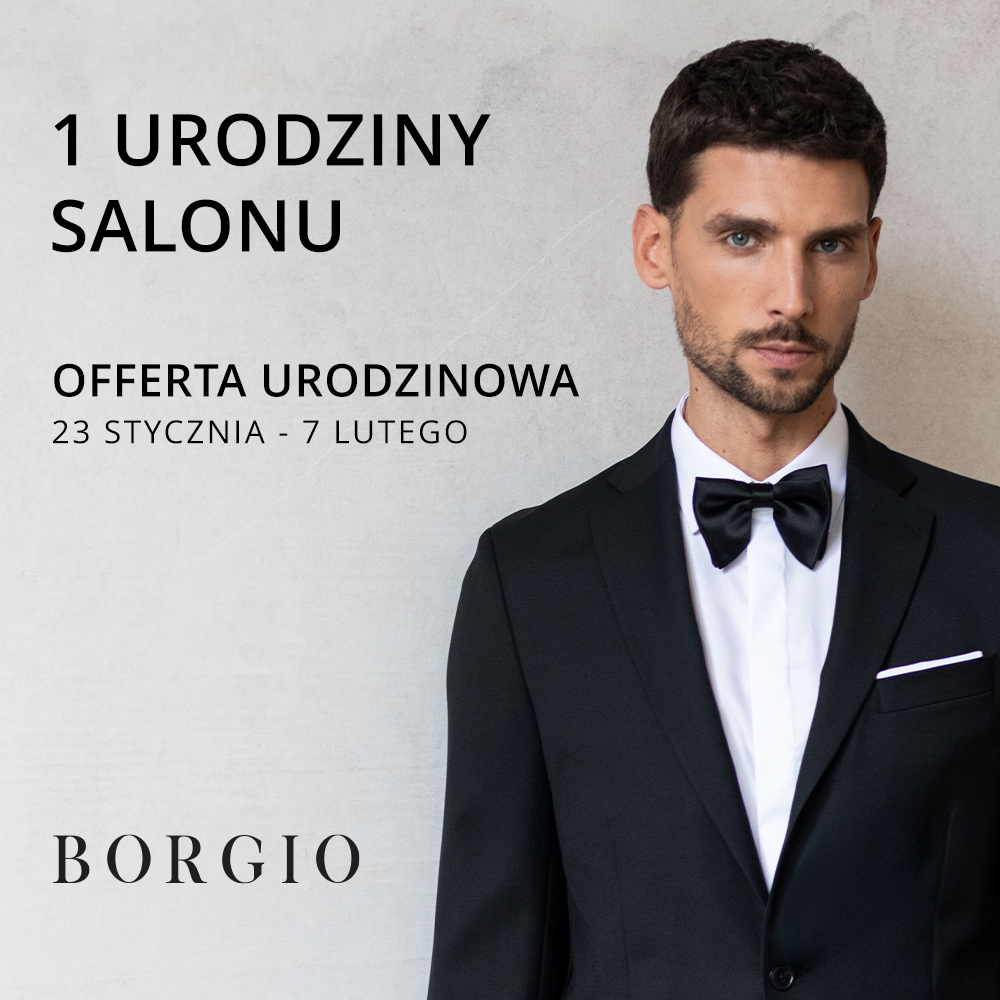 Mężczyzna w eleganckim garniturze, oferta urodzinowa Borgio.