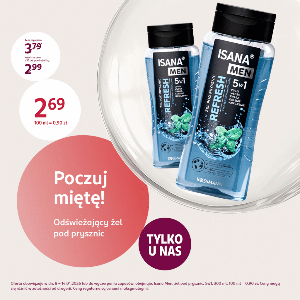 Odświeżający żel pod prysznic Isana Men z miętą.