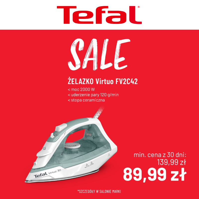 Żelazko Tefal Virtuo FV242 w promocji, cena 89,99 zł.