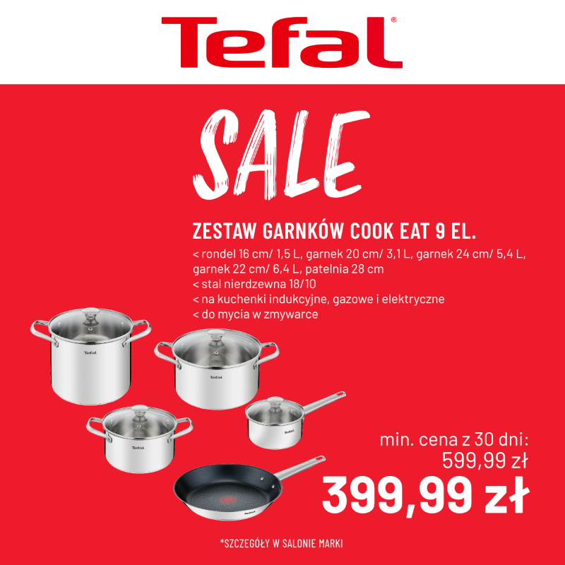 Zestaw garnków Tefal na wyprzedaży, 9 elementów.