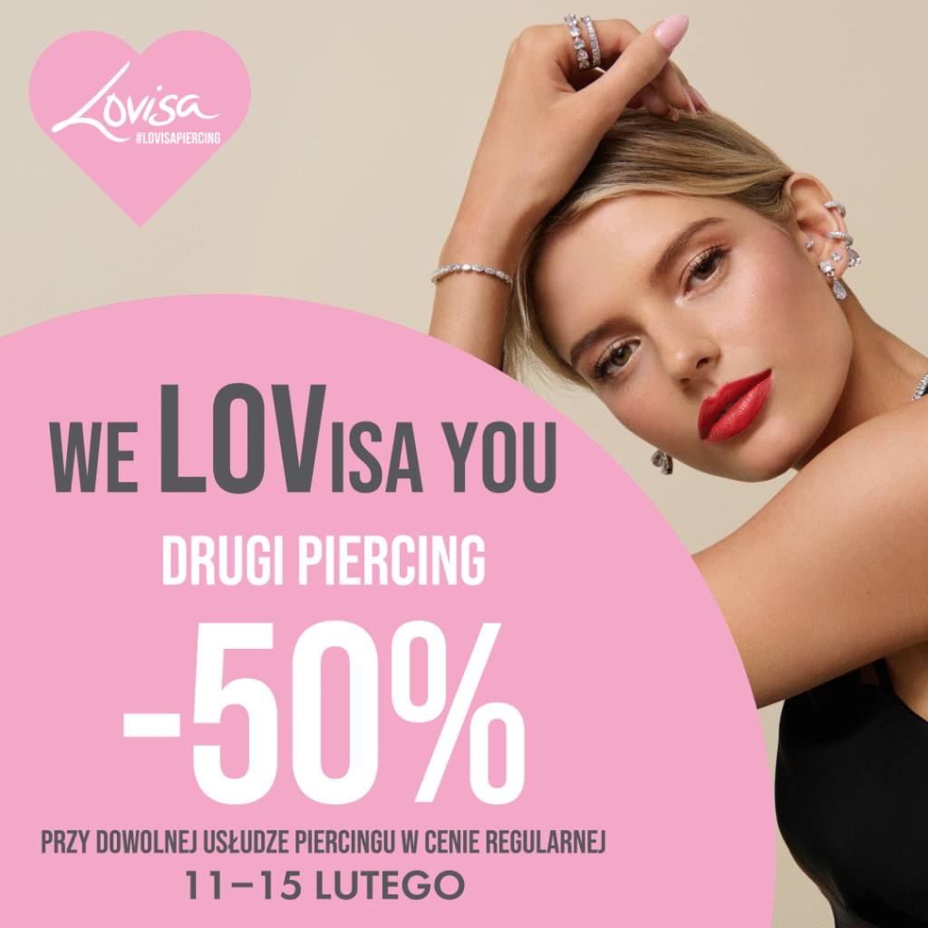 Kobieta z biżuterią, promocja na drugi piercing -50%.