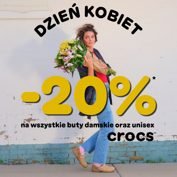 Kobieta z kwiatami, promocja na Dzień Kobiet, zniżka 20% na buty Crocs.