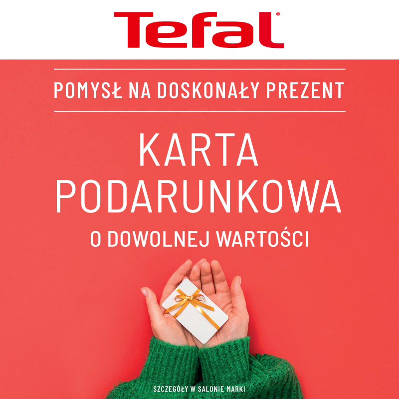 Karta podarunkowa Tefal na czerwonym tle.