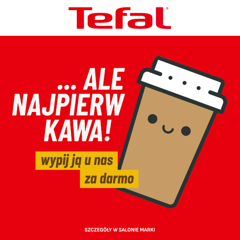 Grafika promocyjna z napisem 'Ale najpierw kawa!' i rysunkiem kubka kawy.