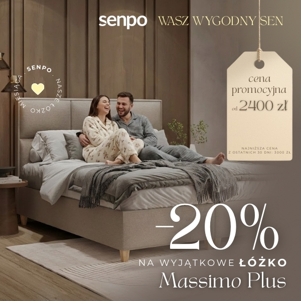Para siedząca na łóżku Massimo Plus w sypialni, promocja Senpo.