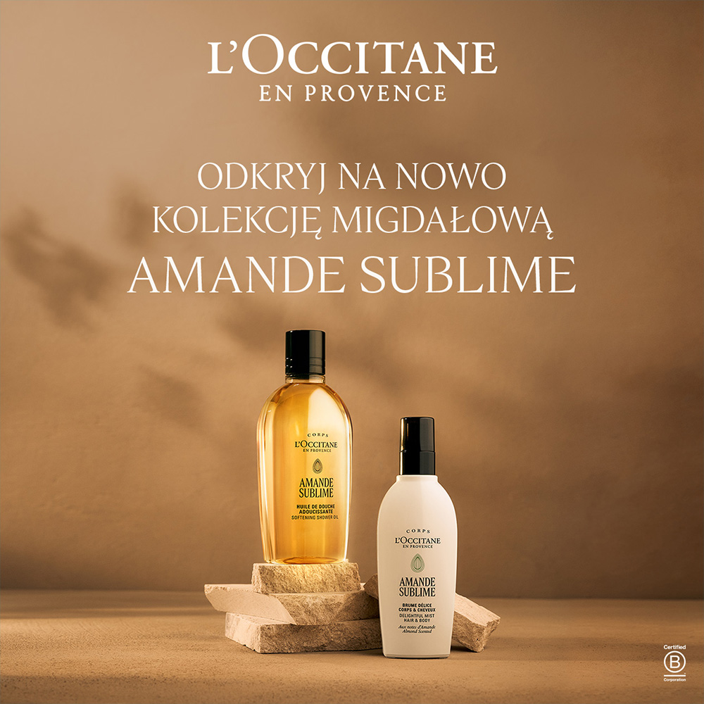 Produkty L'Occitane z kolekcji migdałowej na tle kamieni.