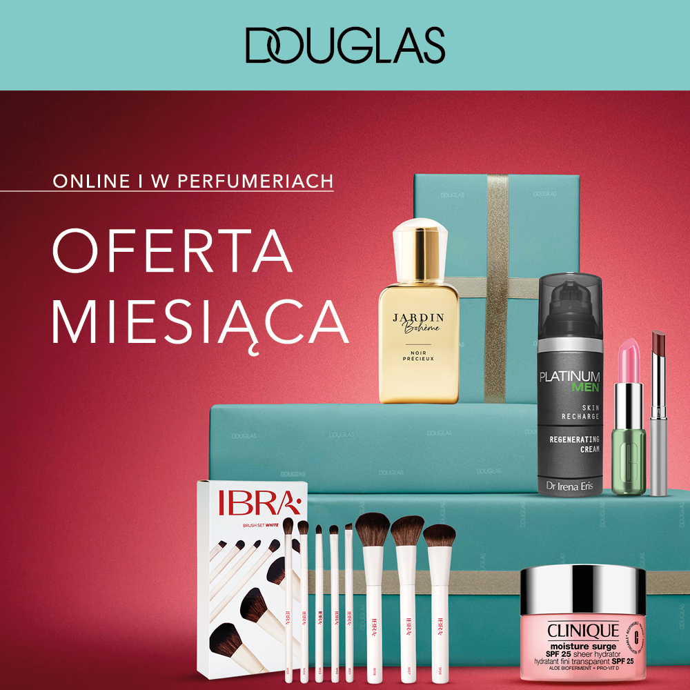 Oferta kosmetyków Douglas, różne produkty na tle prezentów.