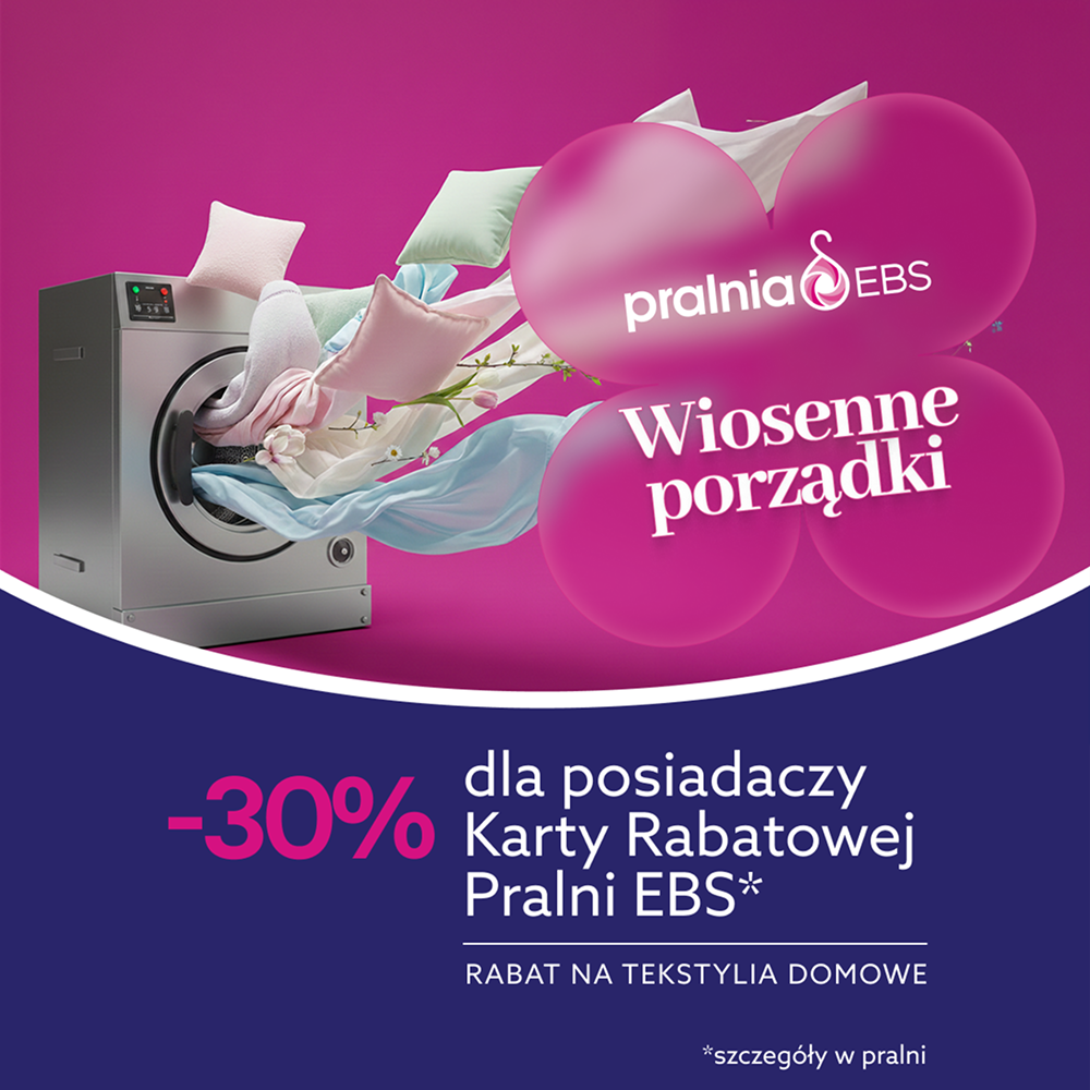 Pralka z kolorowym praniem i balonami promującymi wiosenne porządki.