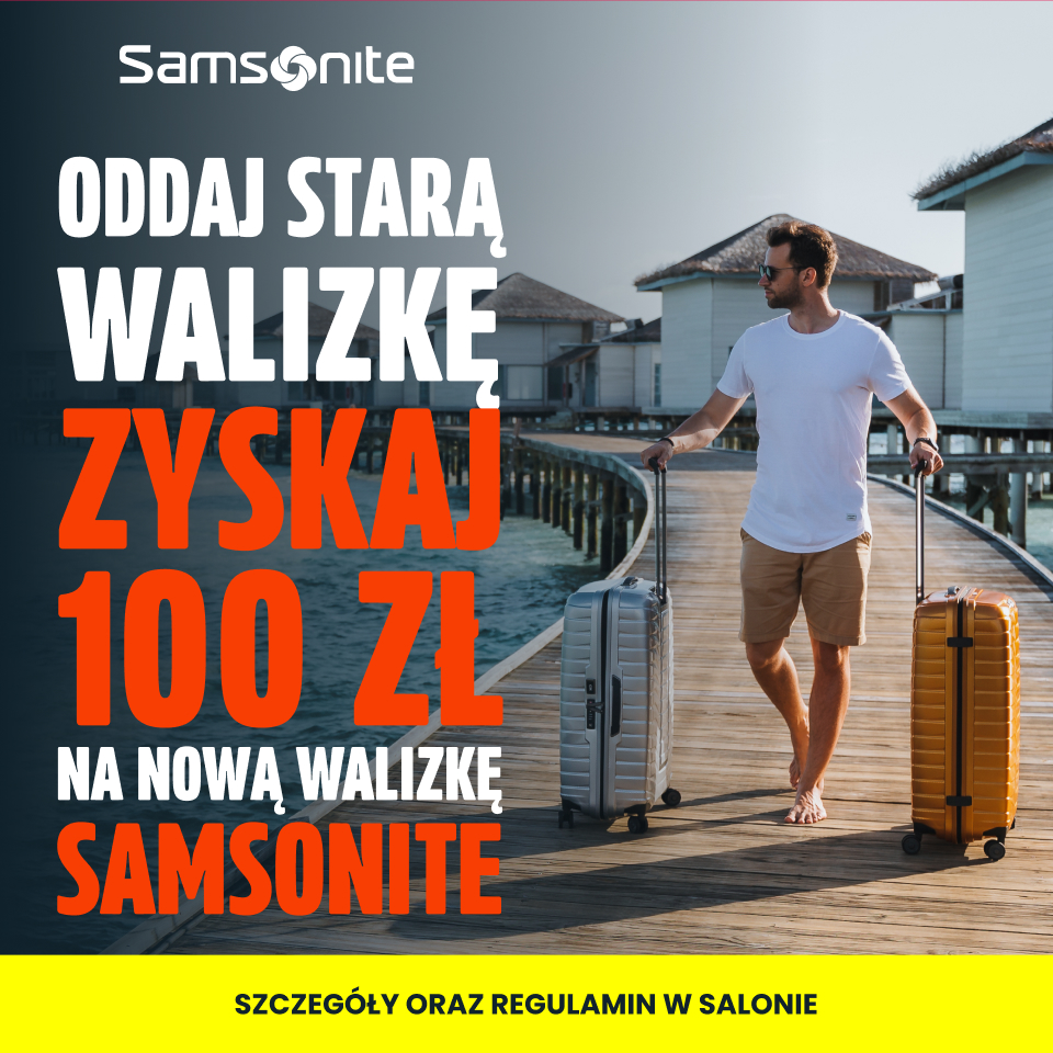 Mężczyzna z walizkami Samsonite na pomoście.