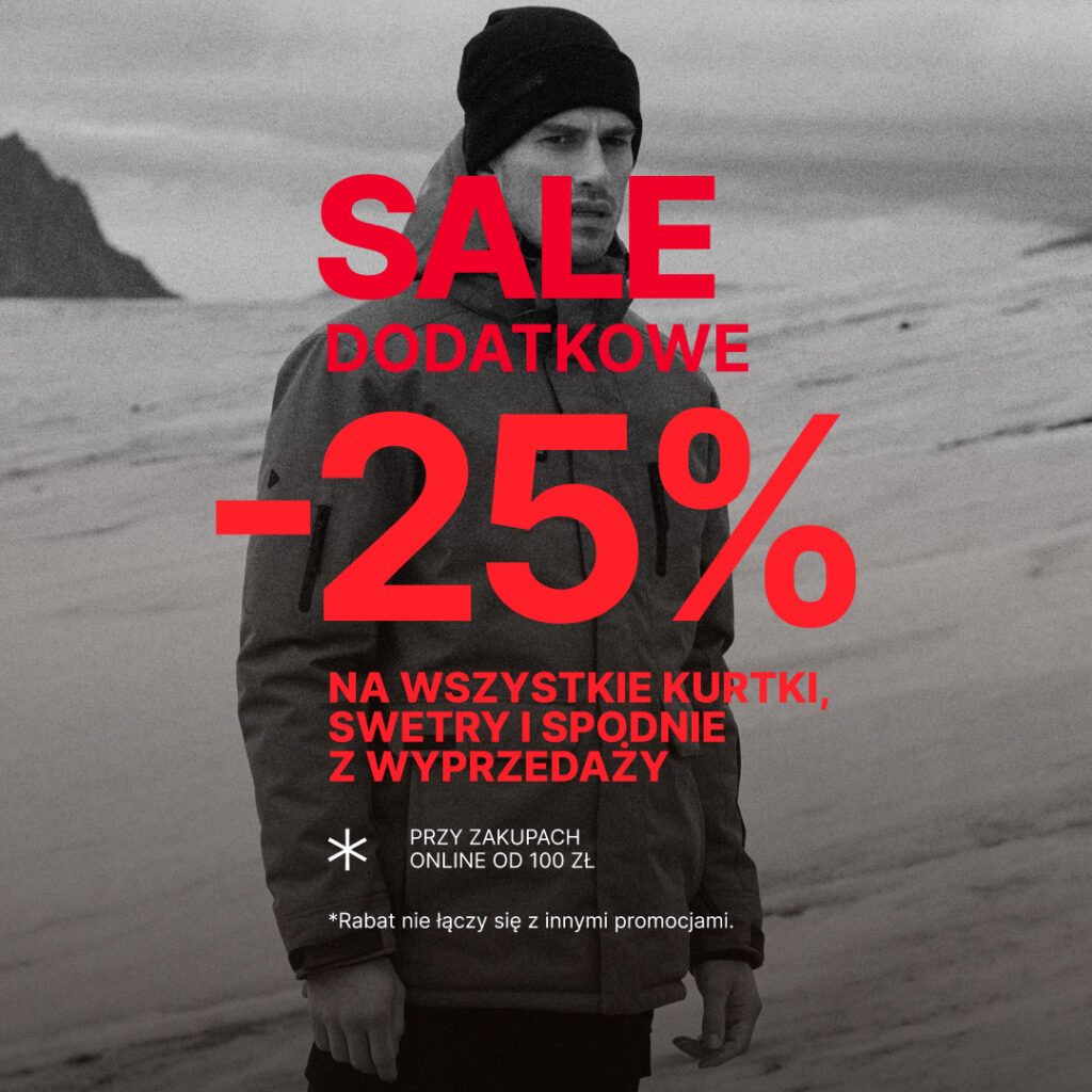 Mężczyzna w kurtce na tle gór, promocja -25% na kurtki i swetry.