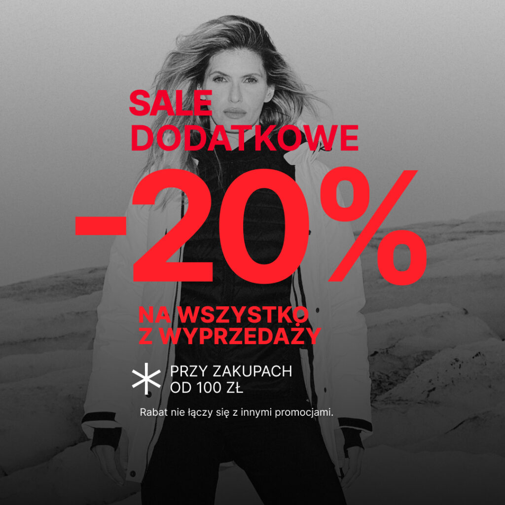 Kobieta w zimowej kurtce na tle gór, promocja -20% na wyprzedaż.