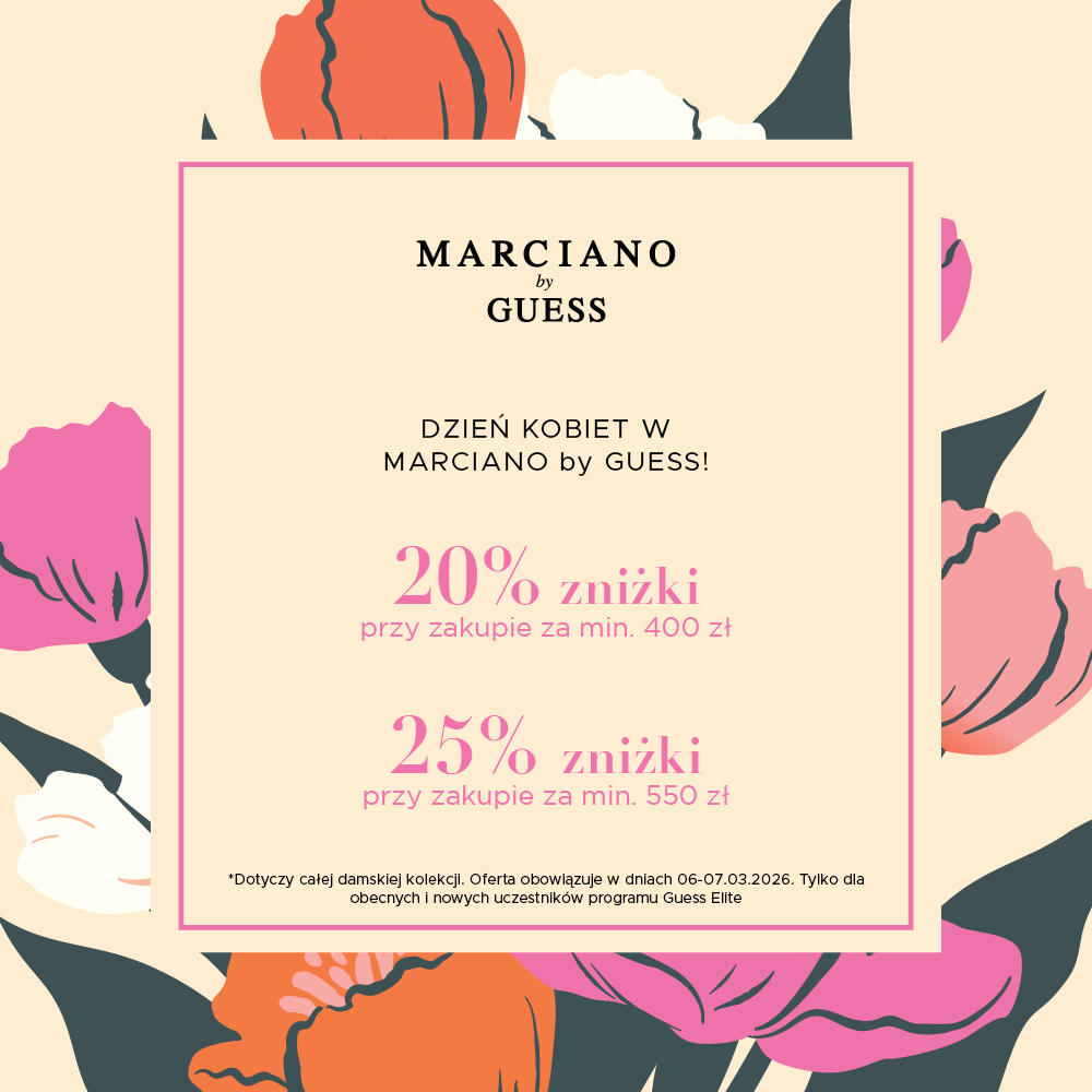 Grafika promocyjna z okazji Dnia Kobiet z rabatami w Marciano by Guess.