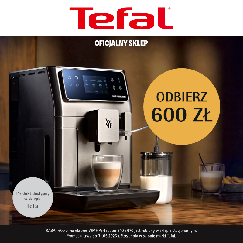 Ekspres do kawy WMF z filiżanką kawy i logo Tefal.
