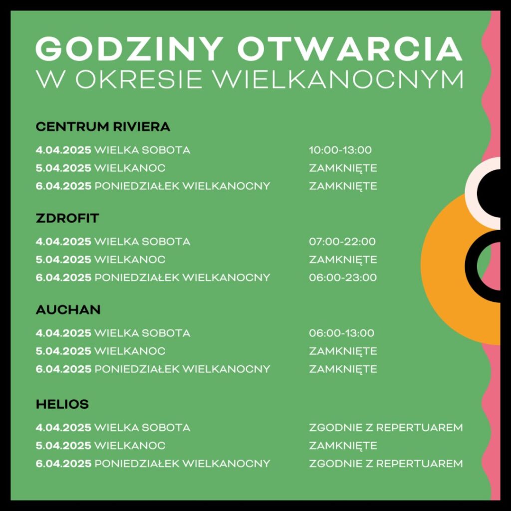 Godziny otwarcia Centrum Riviera w okresie Wielkanocnym.