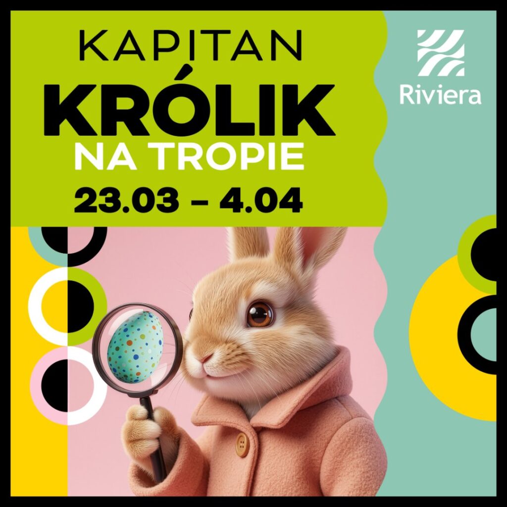 Plakat promocyjny z królikiem w płaszczu i lupą.
