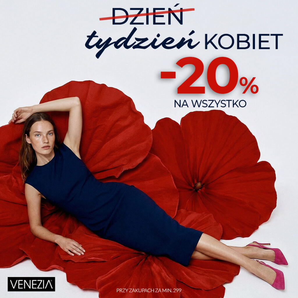 Kobieta w niebieskiej sukience leży na czerwonym tle z promocją -20% na wszystko.