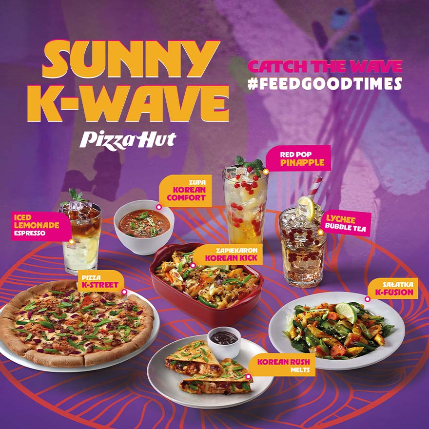 Promocja dań koreańskich w Pizza Hut z napojami.