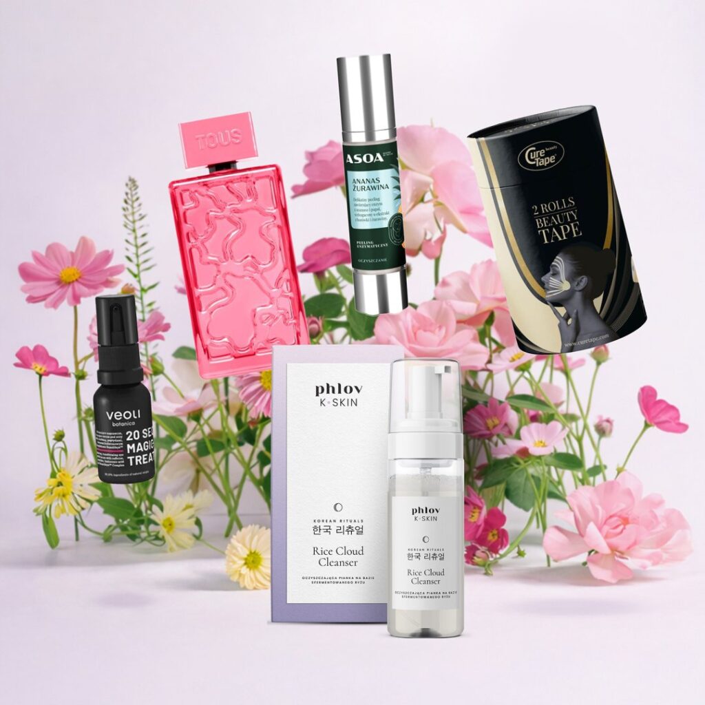 Różne kosmetyki na tle kwiatów, idealne na wiosnę.