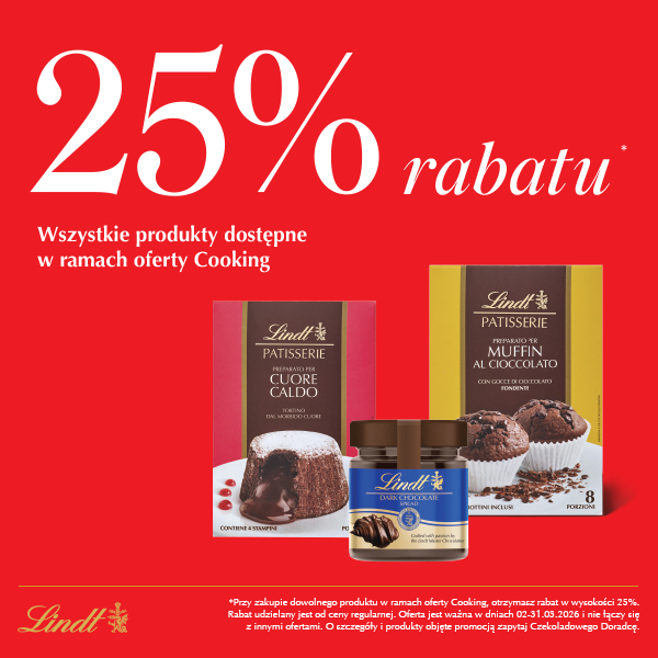 Promocja Lindt 25% rabatu na produkty czekoladowe.