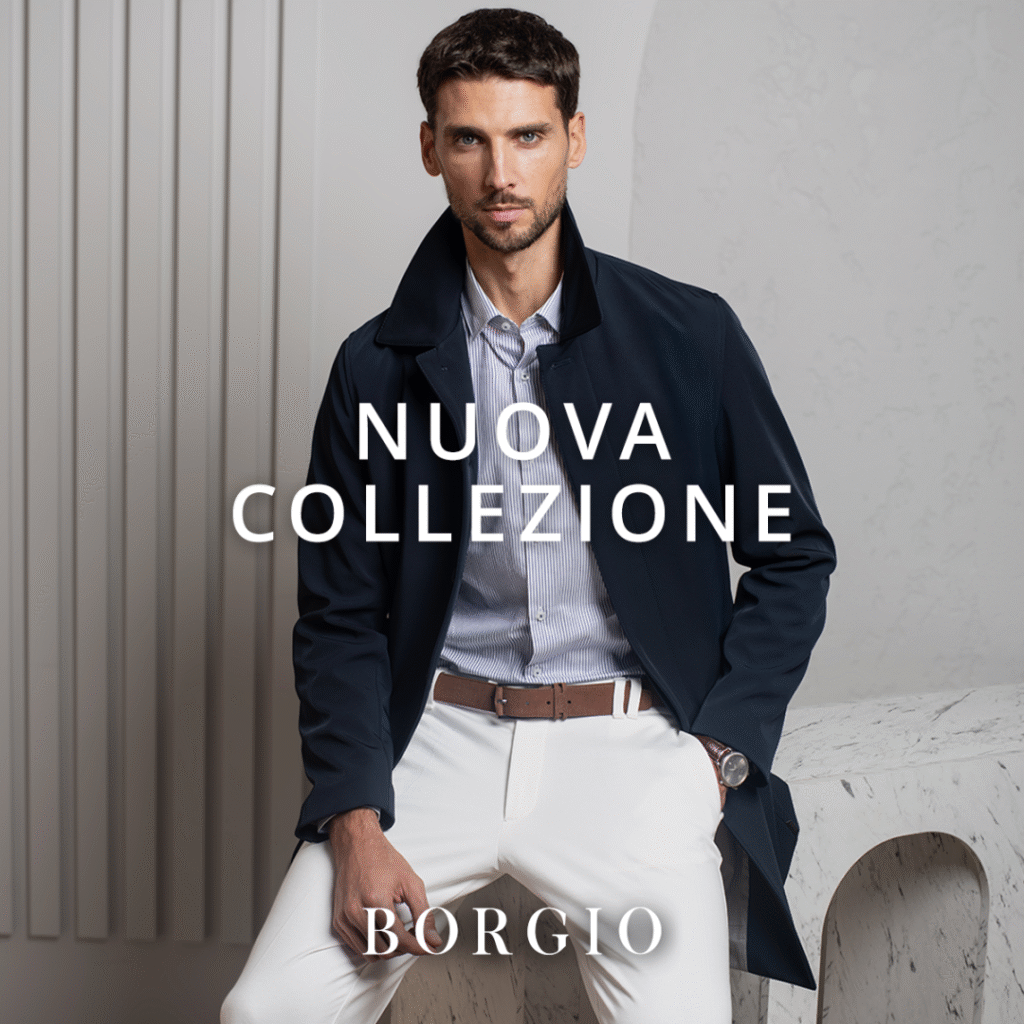 Mężczyzna w eleganckim płaszczu z nowej kolekcji Borgio.