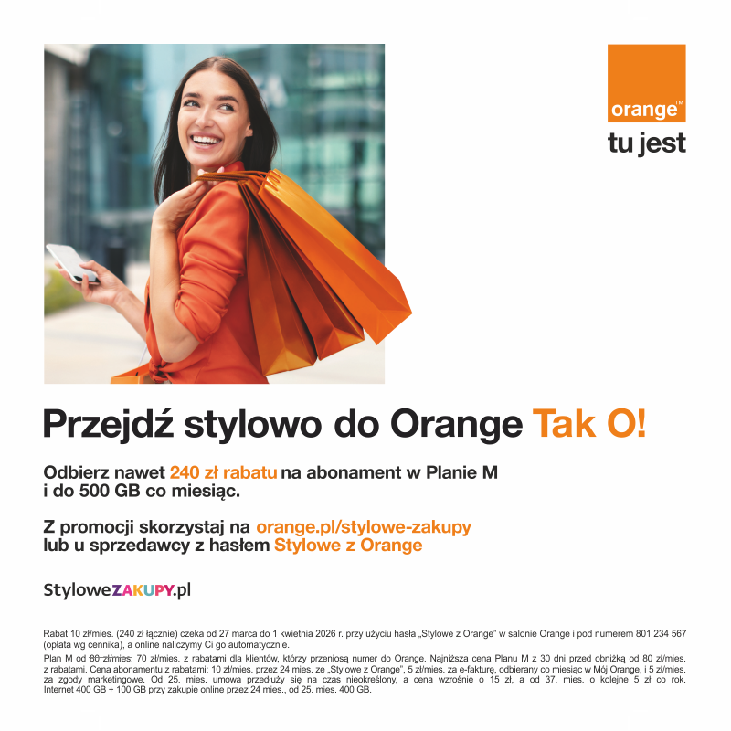Kobieta z pomarańczowymi torbami zakupowymi, oferta Orange.